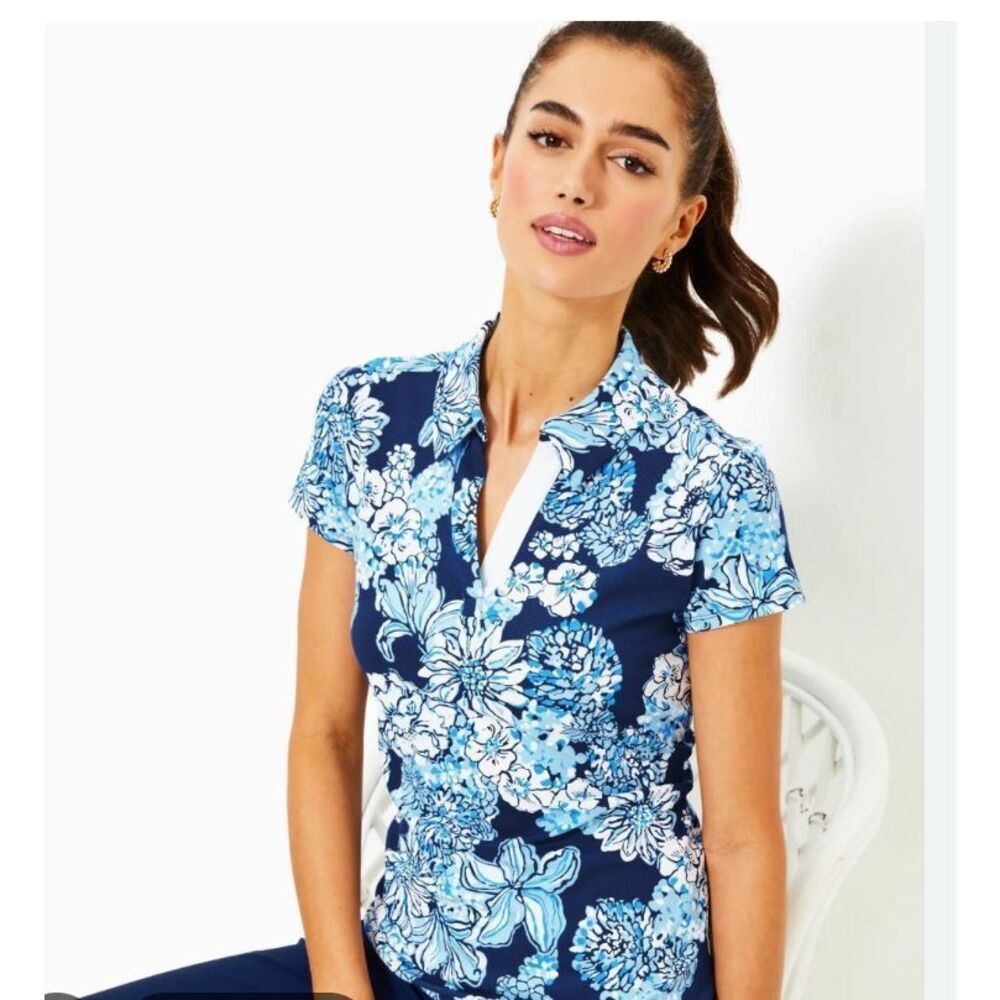 Lilly Pulitzer Frida Luxletic Polo Top Tide Navy Bouquet All Day